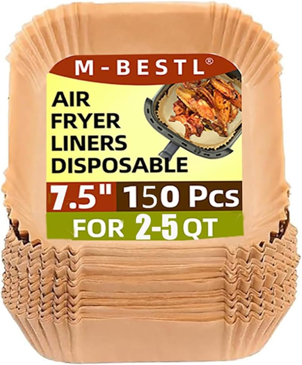 7.5 Inch Air Fryer Parchment Paper Liners Square,150 Pcs Non-stick &Oil-proof Air Fryer Liners Disposable for 2-5 QT Frying,Baking,Roast